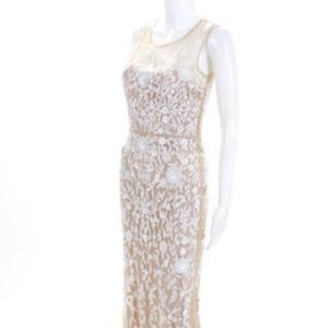 Badgly Mischka Beige White Beaded Gown